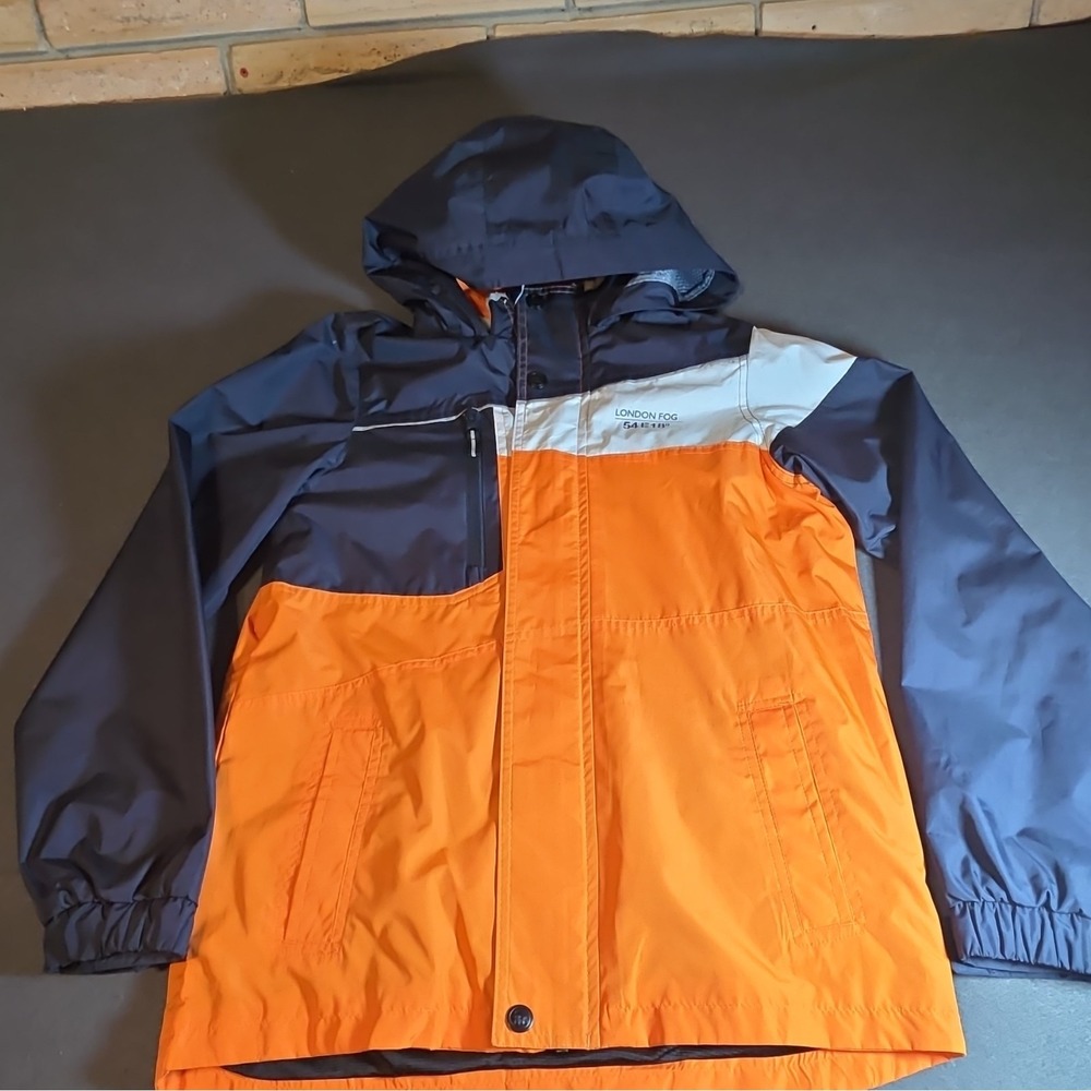 London Fog Kids Rain Jacket Coat Hooded Full Zip Colorblock L 14-16 Orange